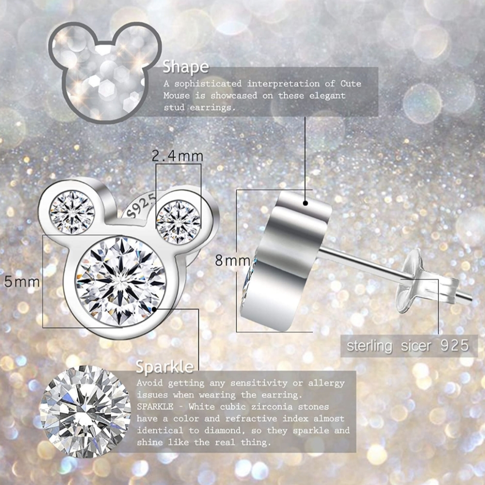 Mouse Stud Earrings 925 Silver Sparkling